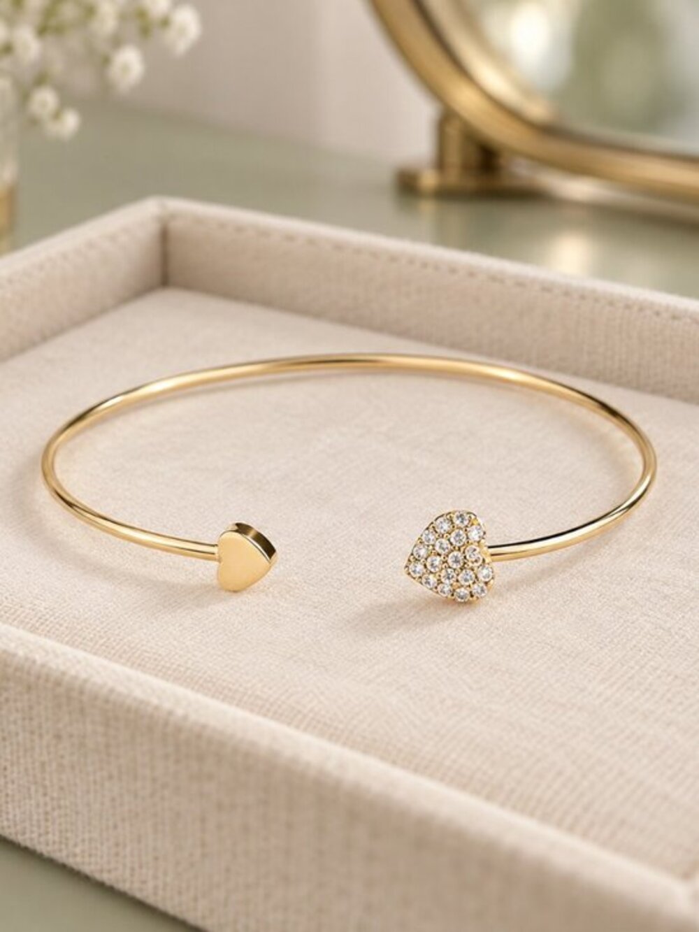 18K Gold Plated CZ Pave Heart Open Cuff Bracelet Adjustable New